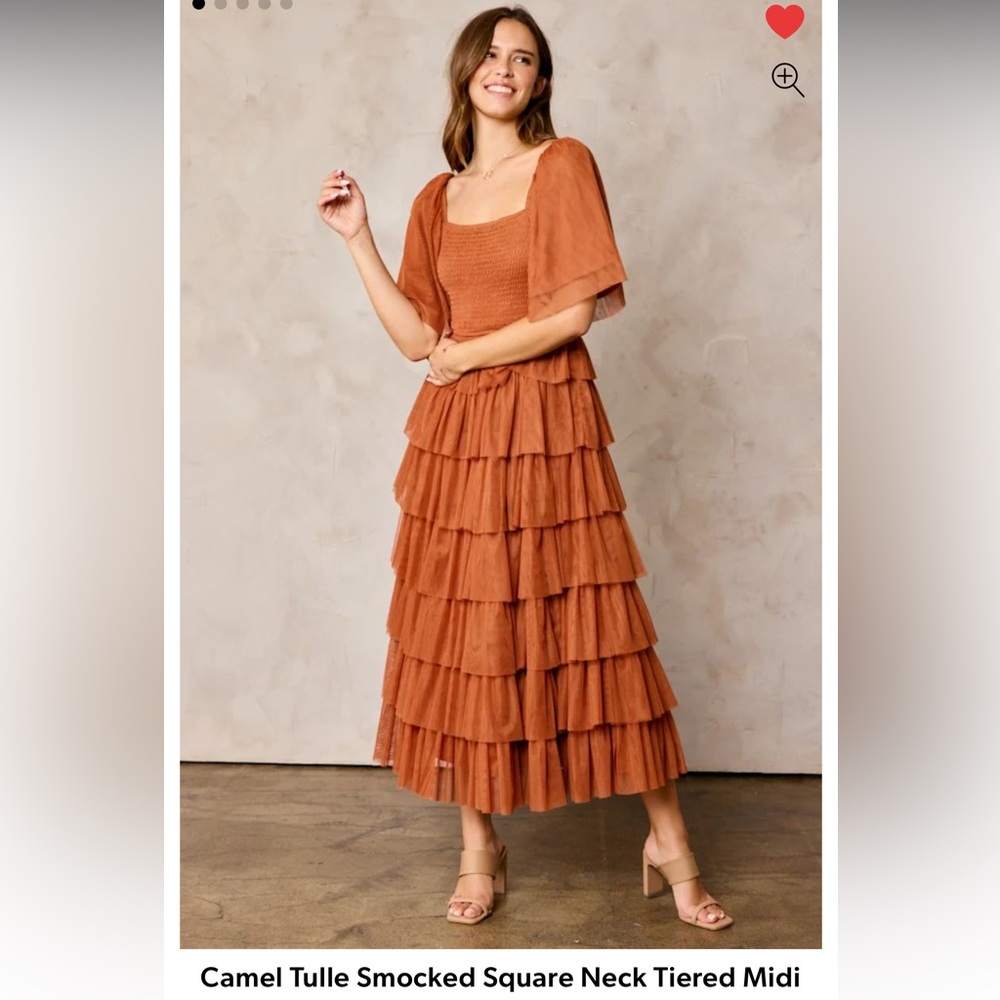 Camel Tulle Smocked Square Neck Tiered Midi Dress. Size Small. From PinkBlush